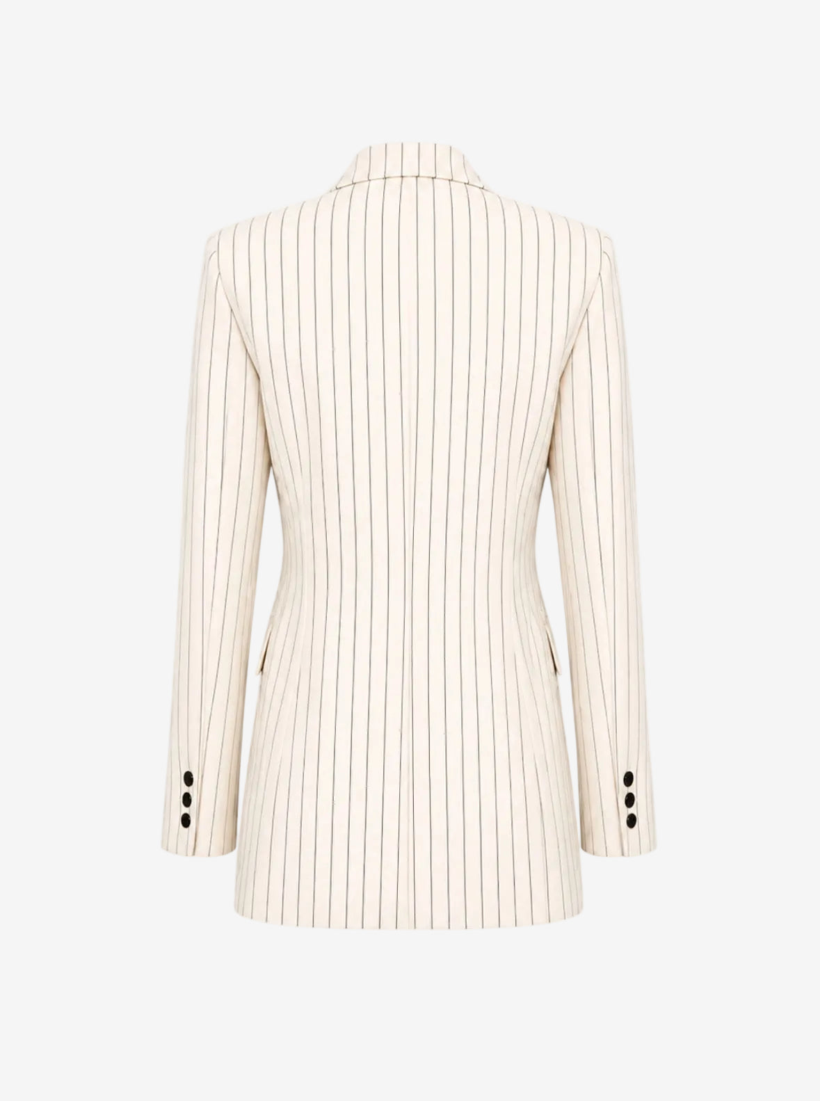 White blazer with black pinstripes on a white background