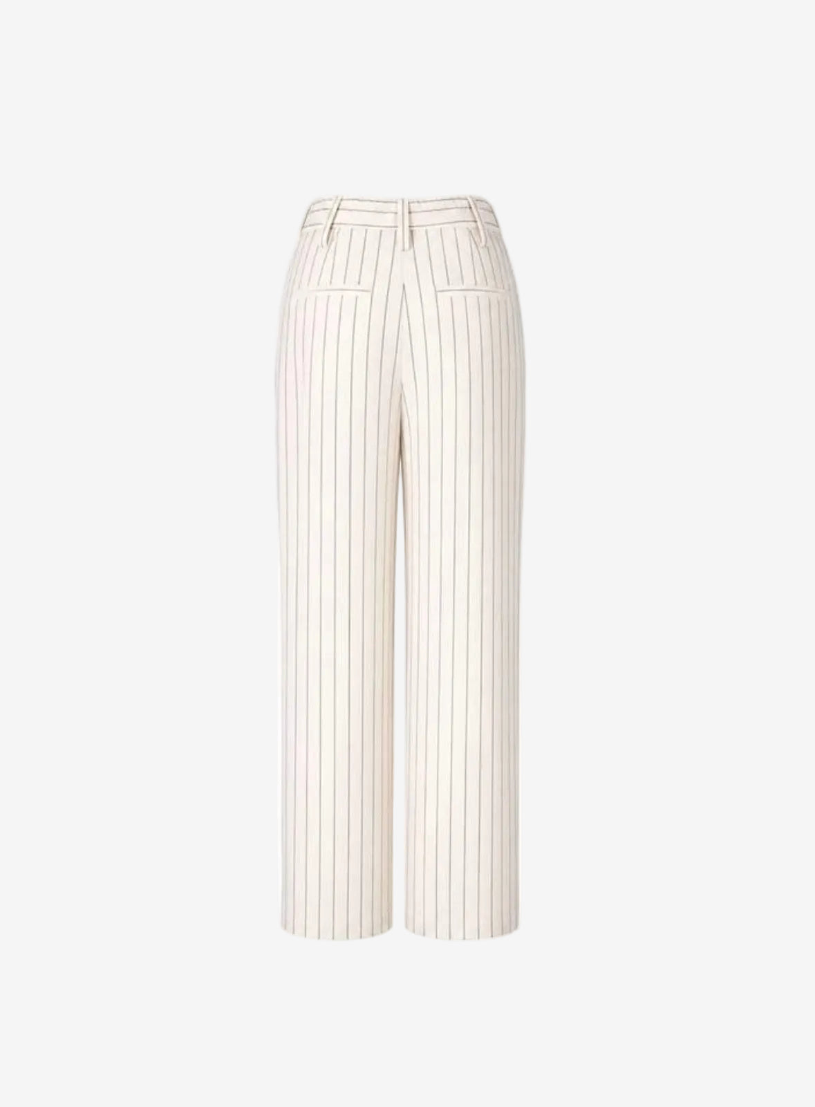 White wide-leg pants with thin black stripes on a white background