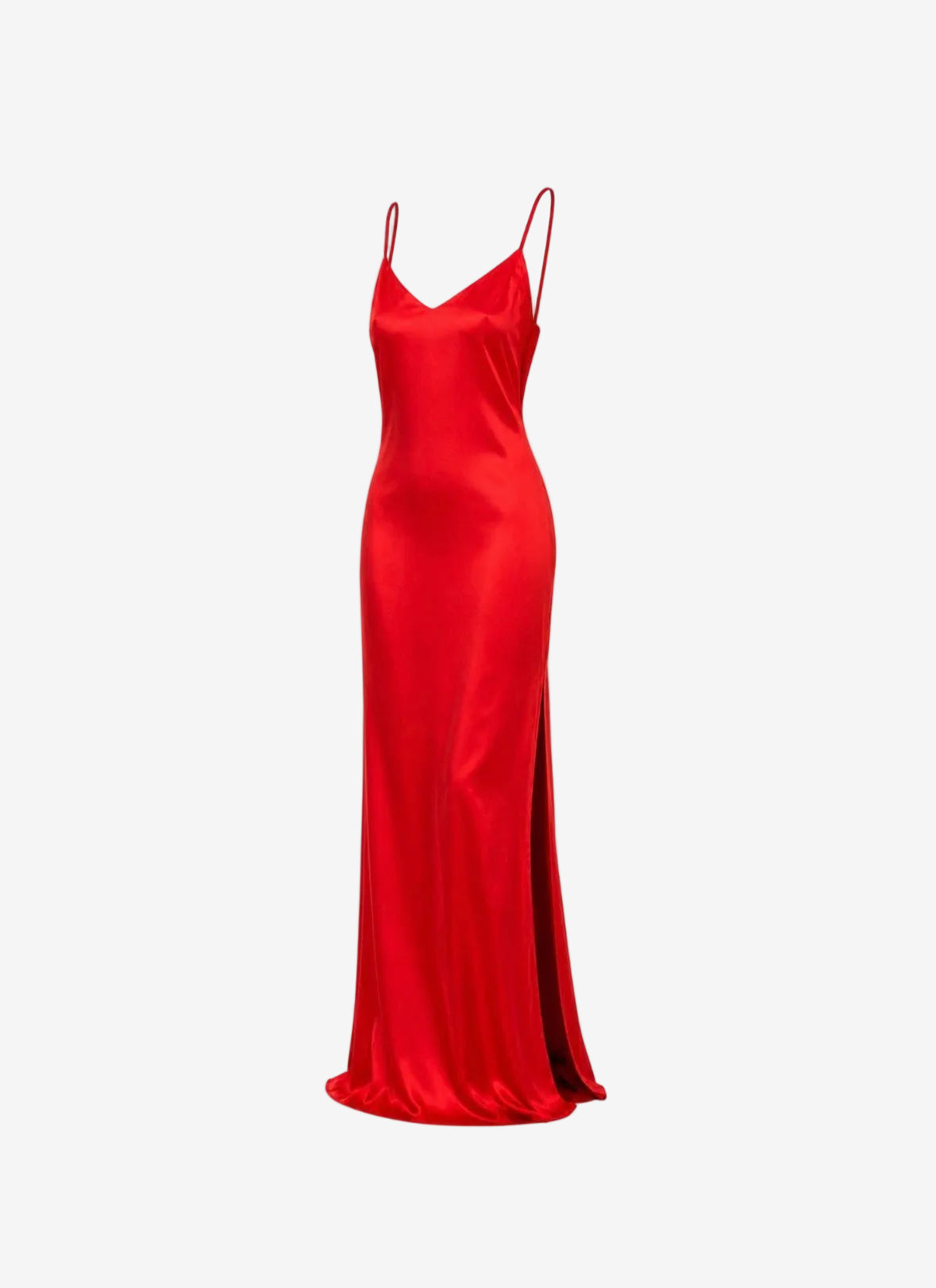 Red evening gown with thin straps on a white background